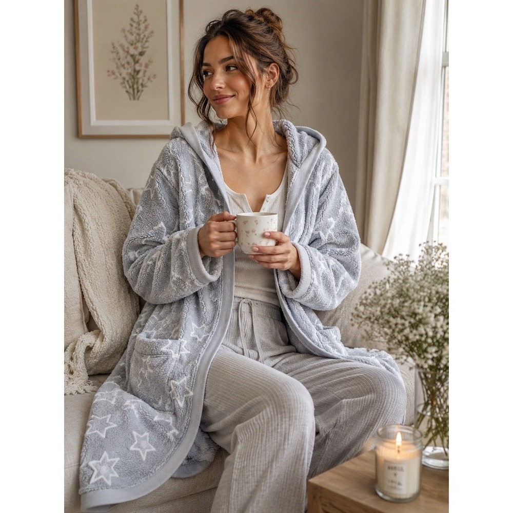 Daydream‎ By Berkshire Womens Plush Hooded Star Robe L/XL Lounge Comfy Celestial